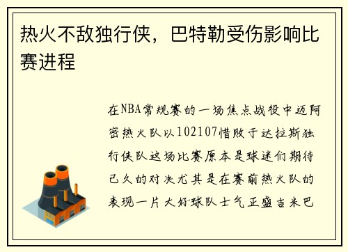 热火不敌独行侠，巴特勒受伤影响比赛进程